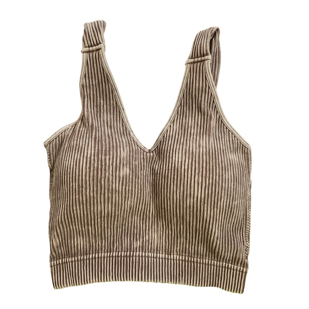 Zenana Brown Mineral Wash Padded V Neck Ribbed Bralette Crop Top SM/MED 6175